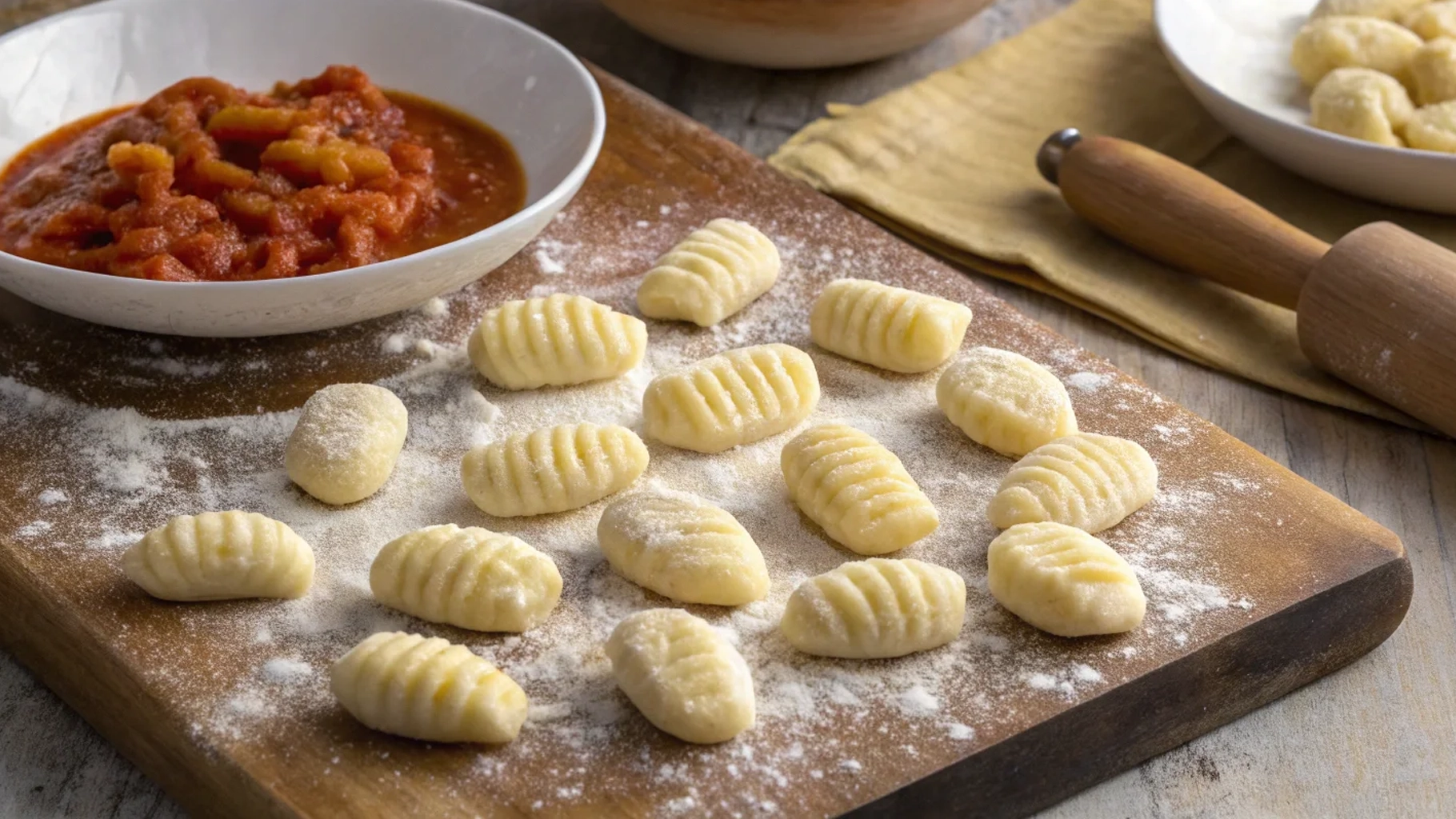 Collage of gnocchi and gnocchetti pasta with plated dishes