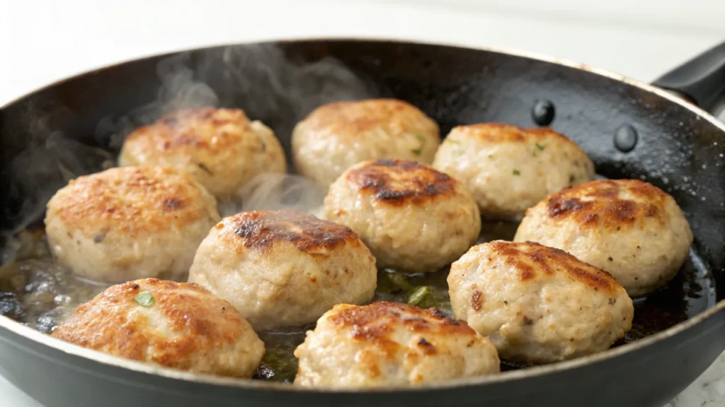 Golden-brown chicken meatballs cooking in a nonstick pan, showing a moist and tender texture