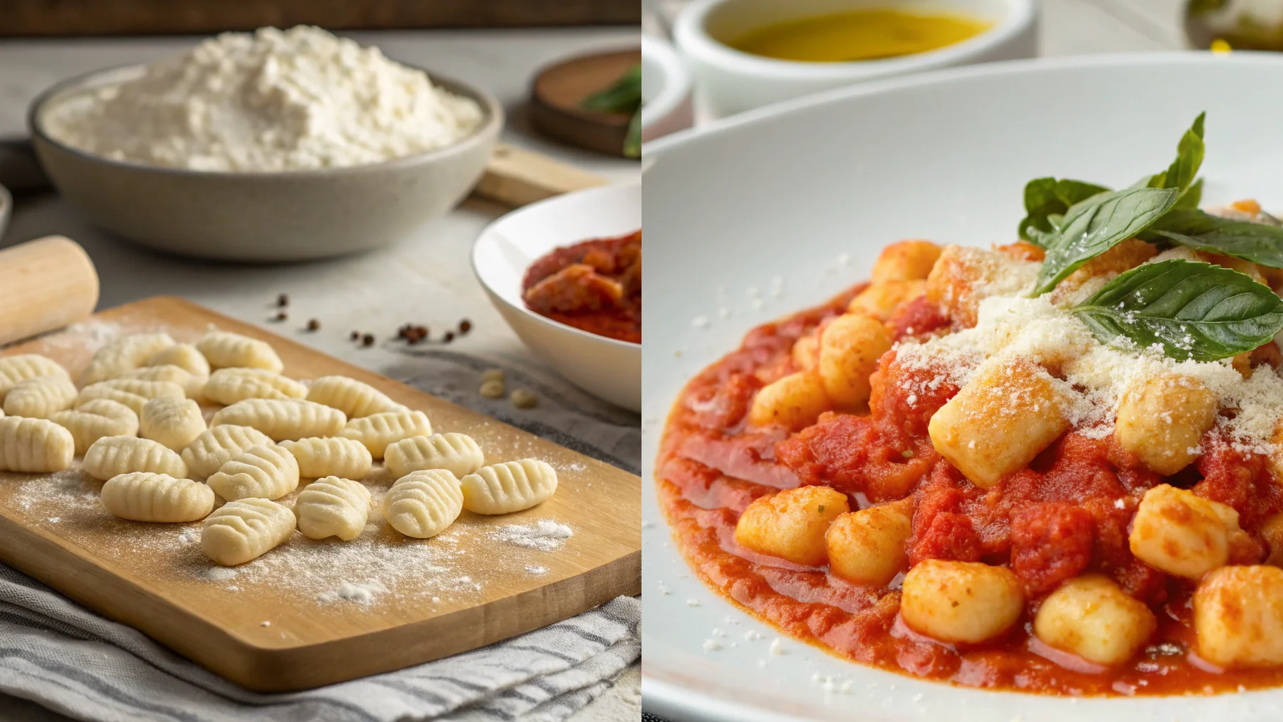 Collage of gnocchetti pasta, semolina flour, and tomato sauce