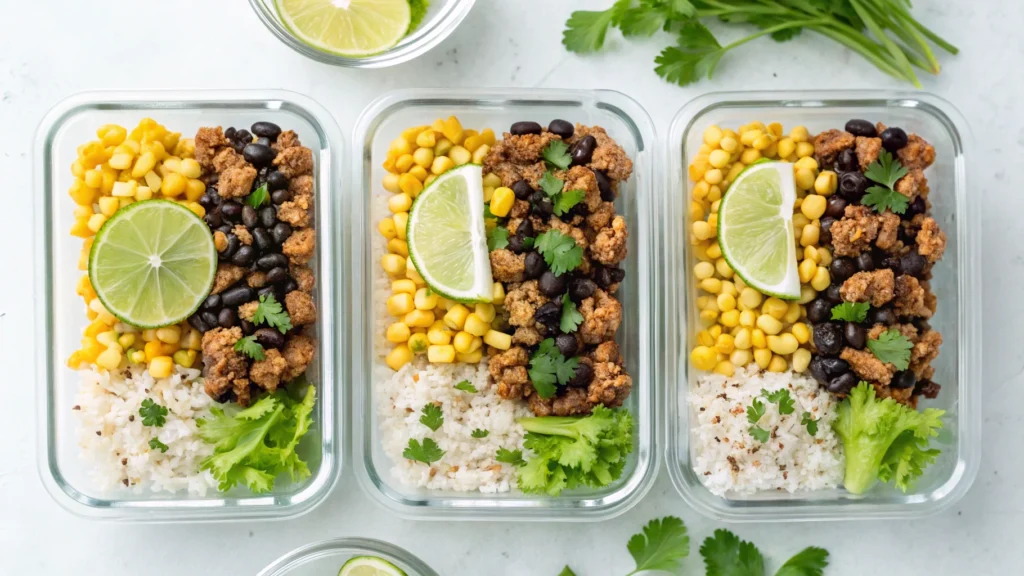 Mexican ground chicken and corn meal prep bowls